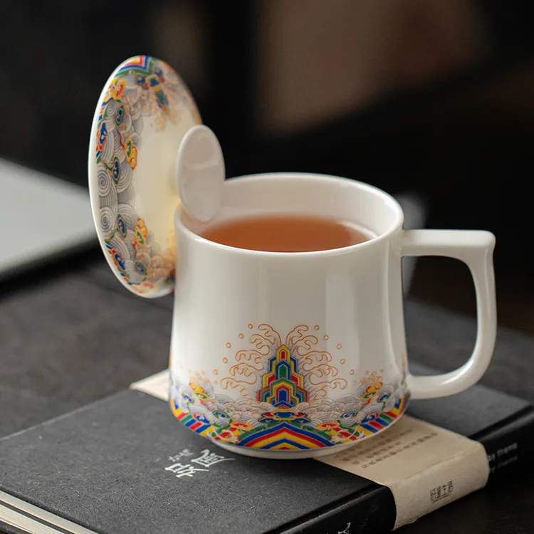 唐丰办公杯陶瓷杯个人专用羊脂玉白瓷办公室杯子带盖水杯马克杯