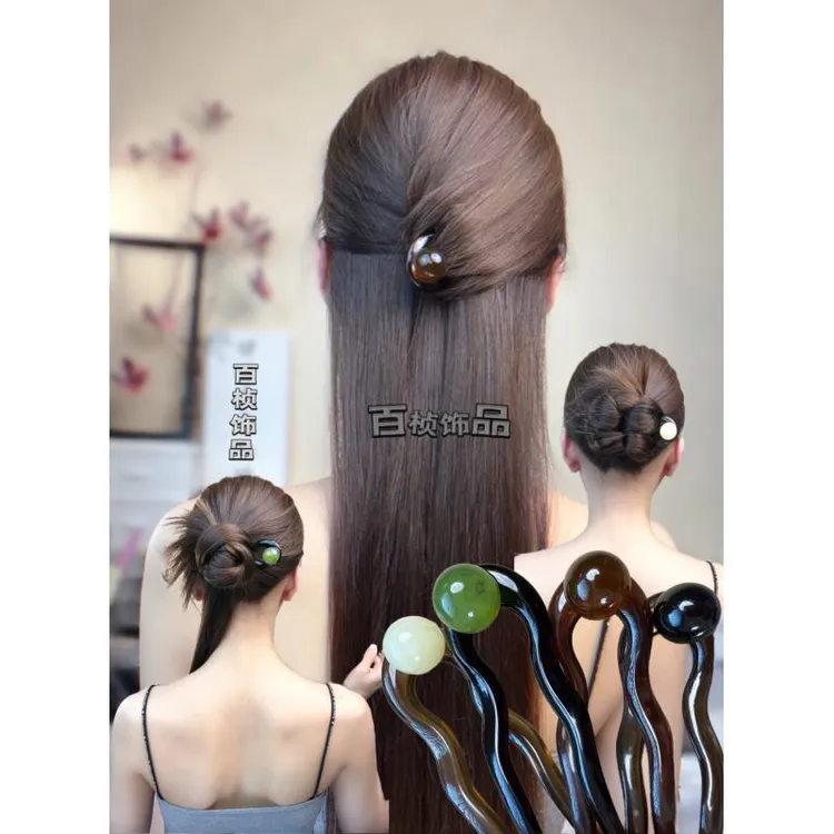 铜合金树脂项链 椰椰冻圆珠U型簪气质简约发箍