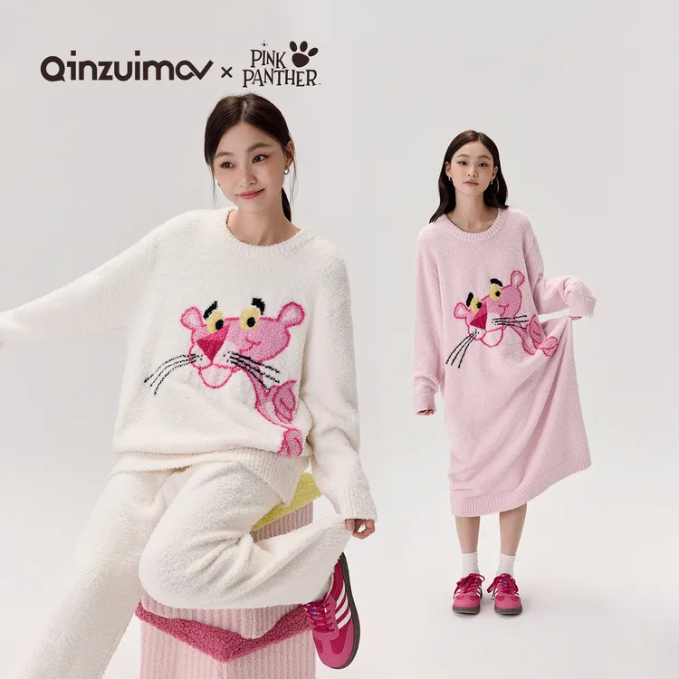 亲嘴猫【粉红豹】半边绒睡衣女秋冬季保暖睡袍家居服可外穿柔软宽松