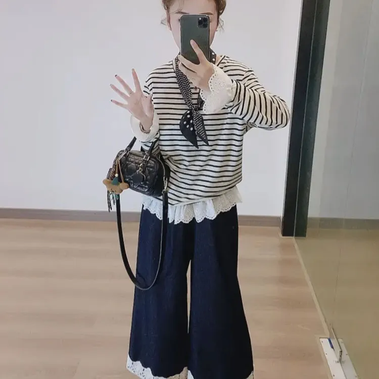 蕾丝花边拼接条纹打底衫内搭长袖t恤女春季上衣马甲裤子裙子套装