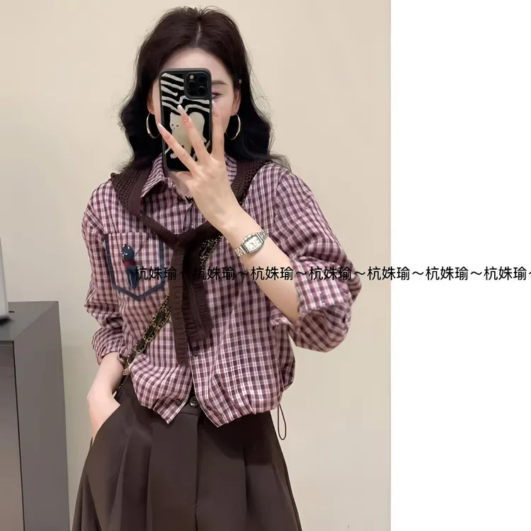 【秋季往事】早秋韩系格纹复古衬衫加披肩两件套2139