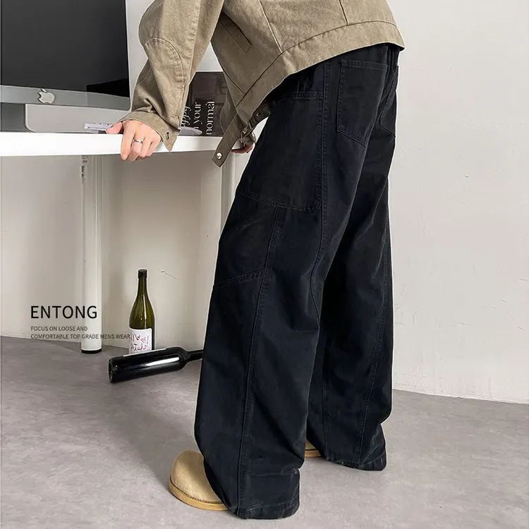Entong美式简约拼接工装裤男款秋季宽松复古百搭vibe直筒休闲裤子