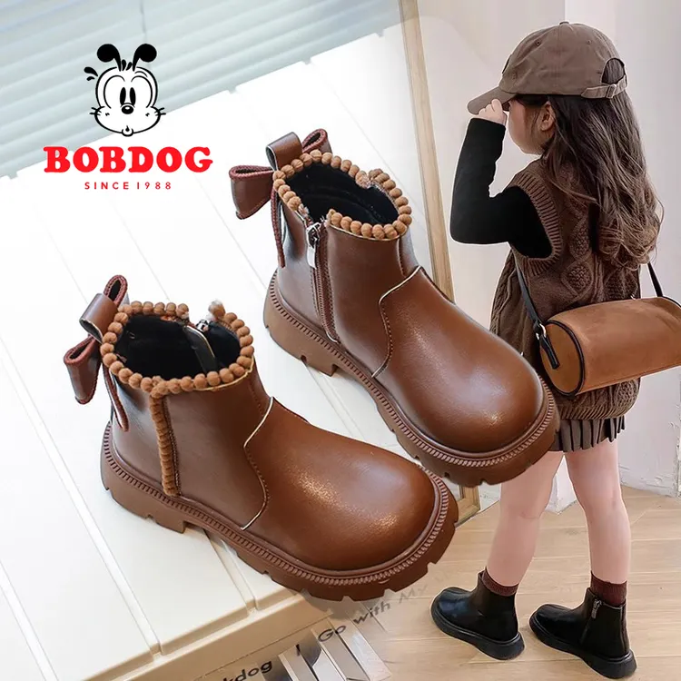 巴布豆女童短靴2025秋冬季新款儿童加绒马丁靴公主保暖二棉鞋皮靴