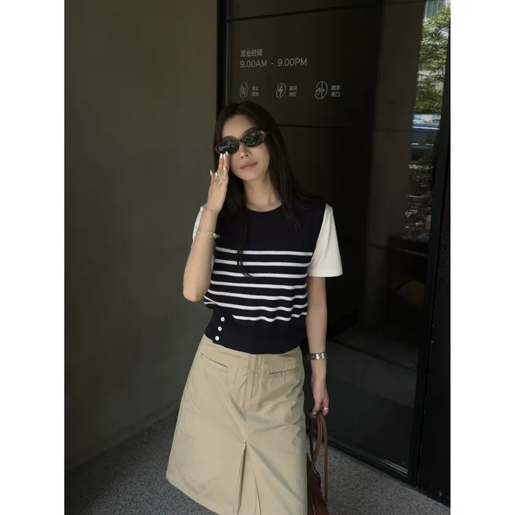 【回忆海岸】“T丝衫”高品质舒适透气设计感假两件拼接短袖T恤21611