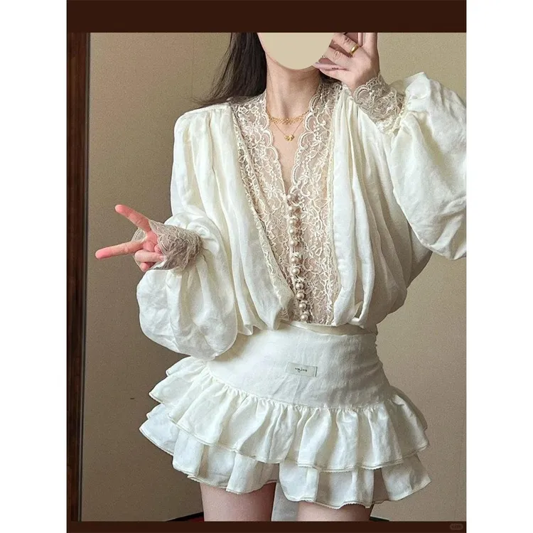 套装法式纯欲超仙绝美蕾丝拼接长袖衬衫女春季高腰绑带半身两件套