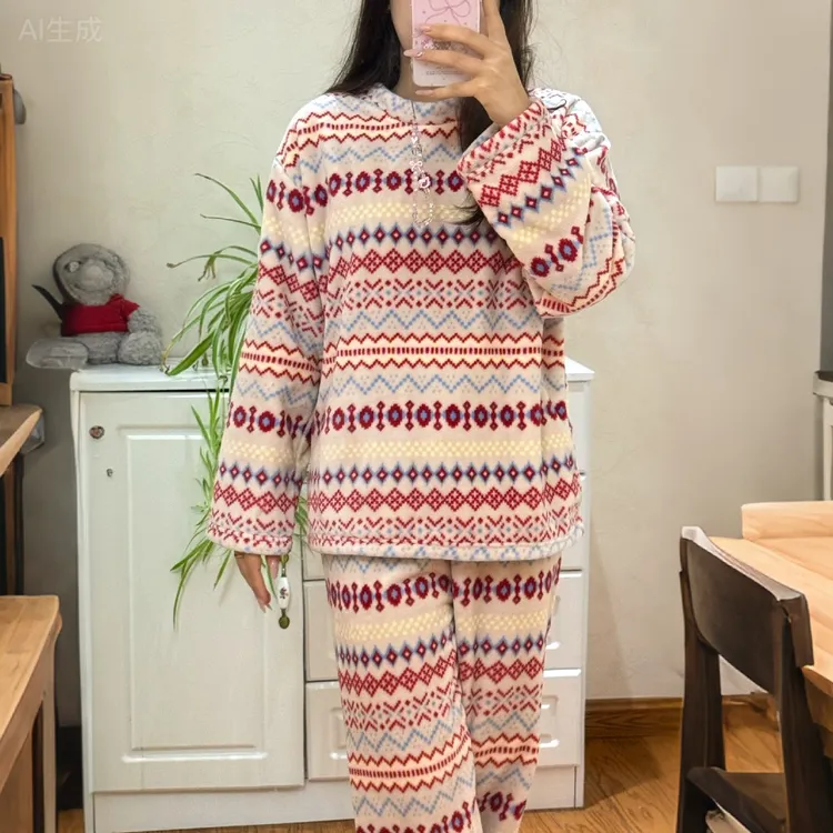 女士秋冬可外穿复古费尔岛风格莎粒绒法兰绒保暖家居服睡衣