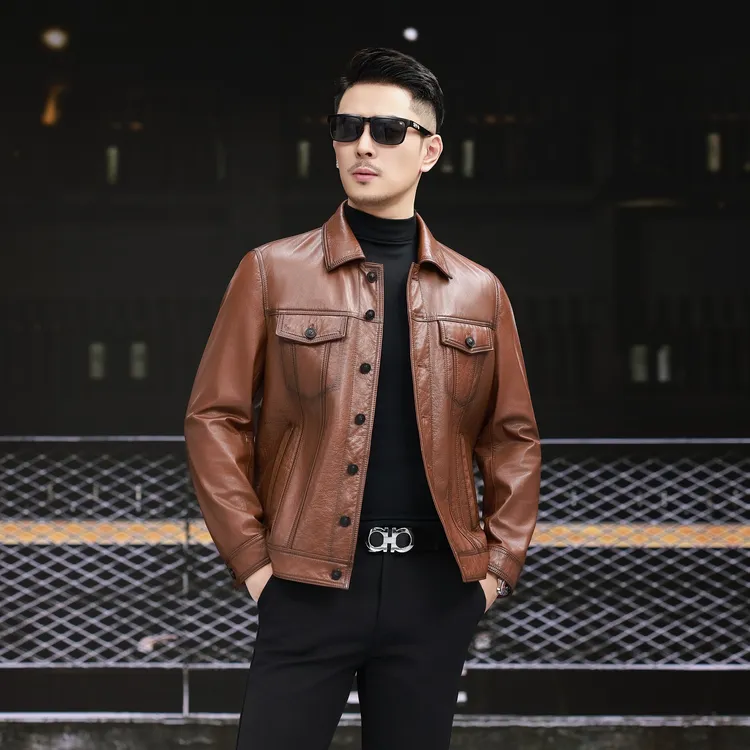 【MINGCHI】海宁春秋新款男士外套真皮做旧牛皮牛仔风休闲夹克25808