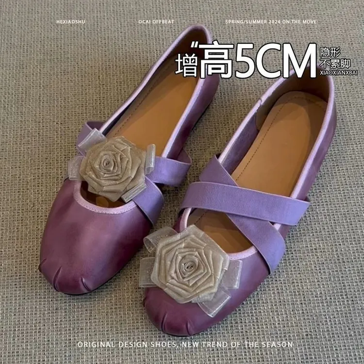 法式内增高山茶花朵玛丽珍单鞋女2025春秋新款时尚百搭平底女鞋子