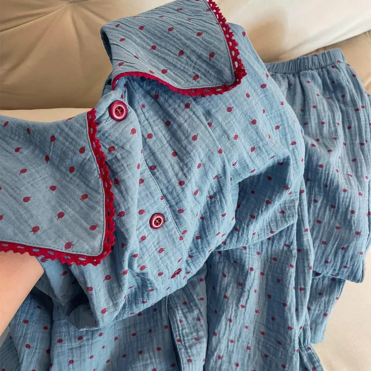 蓝色撞色波点睡衣女春秋季长袖宽松甜美可外穿娃娃领家居服秋冬天