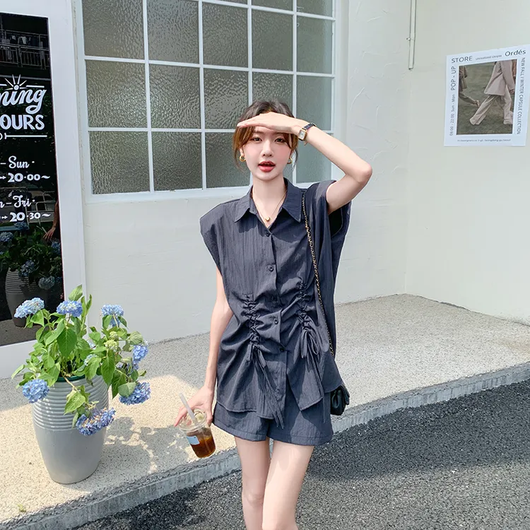 UQS韩系减龄无袖套装女夏2025新款松弛感褶皱背心上衣短裤两件套