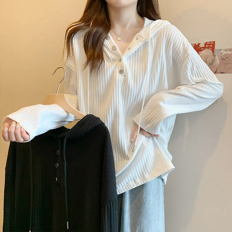 纯色坑条连帽卫衣女款女春秋季设计感宽松长袖打底衫上衣显瘦纽扣