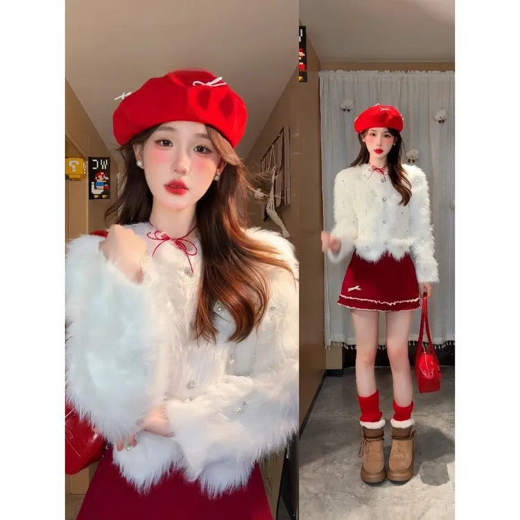 入冬新款毛茸茸高级感外套名媛气质小香风高腰蝴蝶结包臀短裙套装