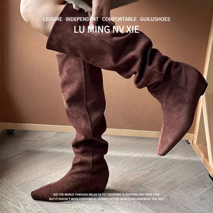 羊皮版~2025年新款复古方头粗跟过膝长靴女款百搭显瘦堆堆靴女款