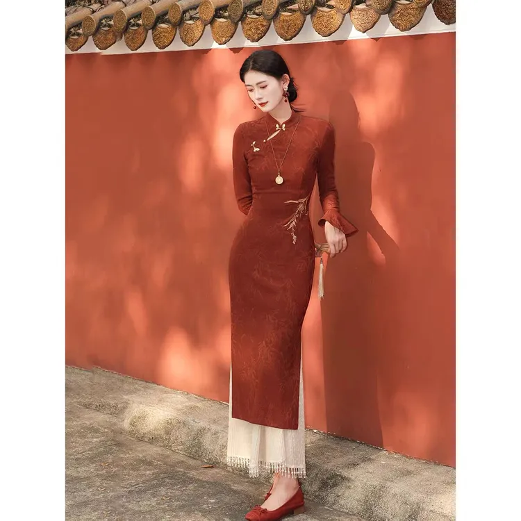 【现货运费险】新中式秋冬红提花掐腰旗袍连衣裙+半裙+国风提花外套