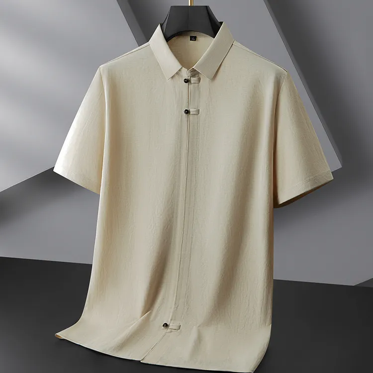 中式国潮衬衫短袖大码宽松男士衬衣夏季休闲中年透气中国风翻领