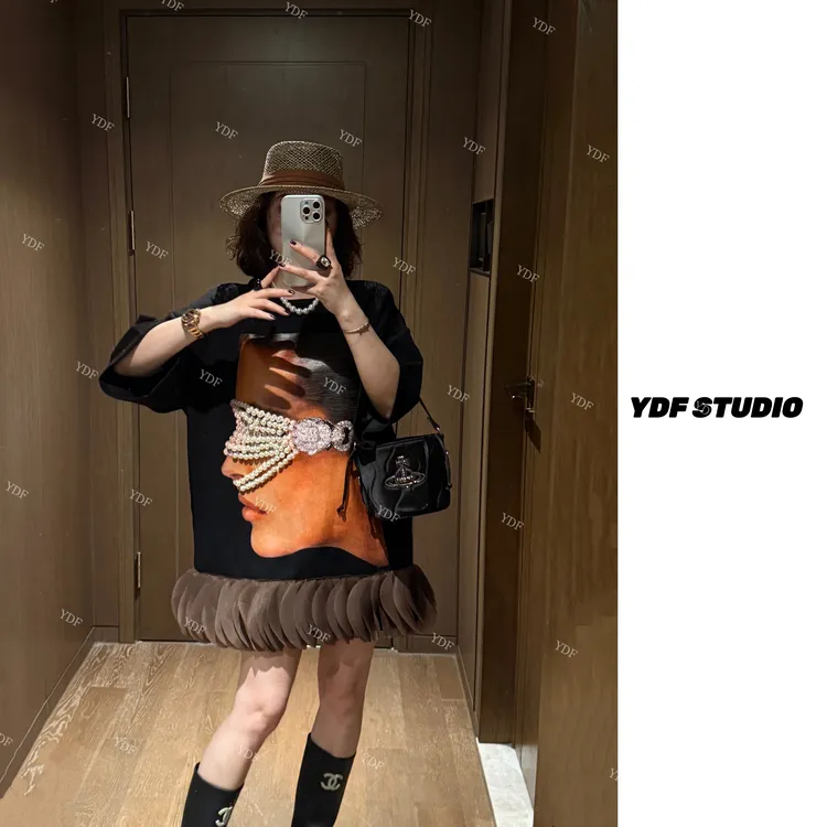 YDFSTUDIO小众【美丽诺言】早秋高品钉珠印花拼接设计时尚连衣裙