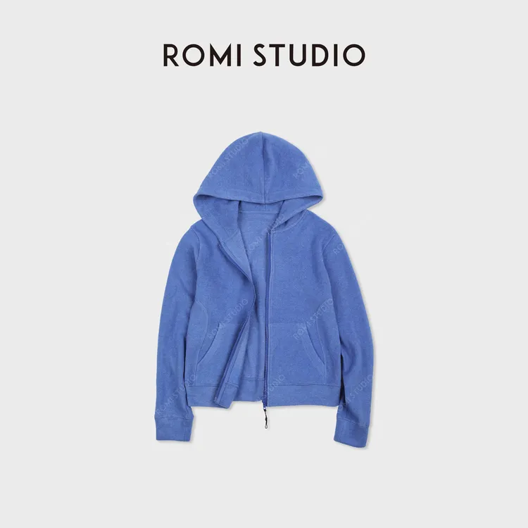 ROMI STUDIO“美式复古”细密起绒蓝色雾面连帽开衫卫衣 RWCSS67345