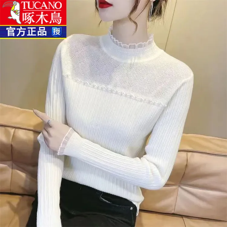 啄木鸟半高领针织打底衫女加绒修身针织衫毛衣蕾丝内搭毛衣女百搭
