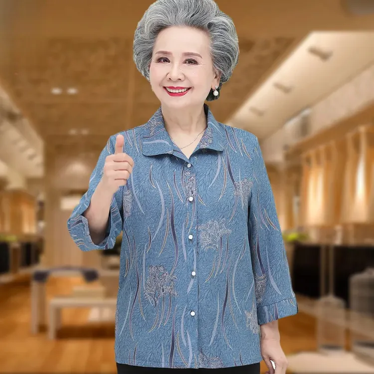 恒源祥彩羊奶奶装夏装衬衫中老年人夏装女妈妈装长袖大码加肥老太