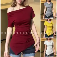 夏季新款荡领皱褶一字肩设计感短袖百搭上衣收腰显瘦性感T桖6825