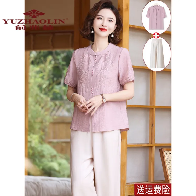 俞兆林新中式妈妈装夏装短袖上衣2025新款小衫洋气宽松中老年女套