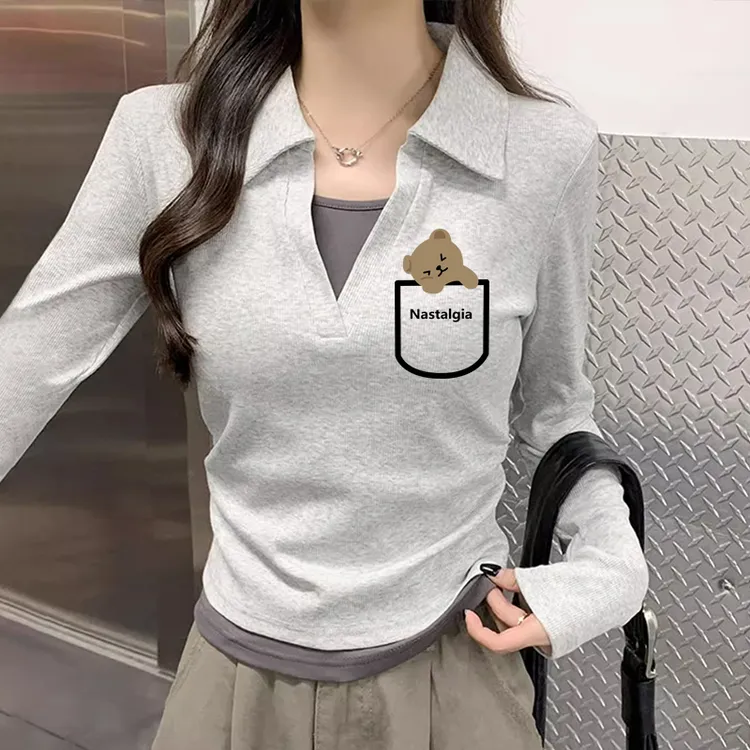 polo衫打底撞色拼接美式气质假两件长袖T恤女百搭遮肉别致上衣服