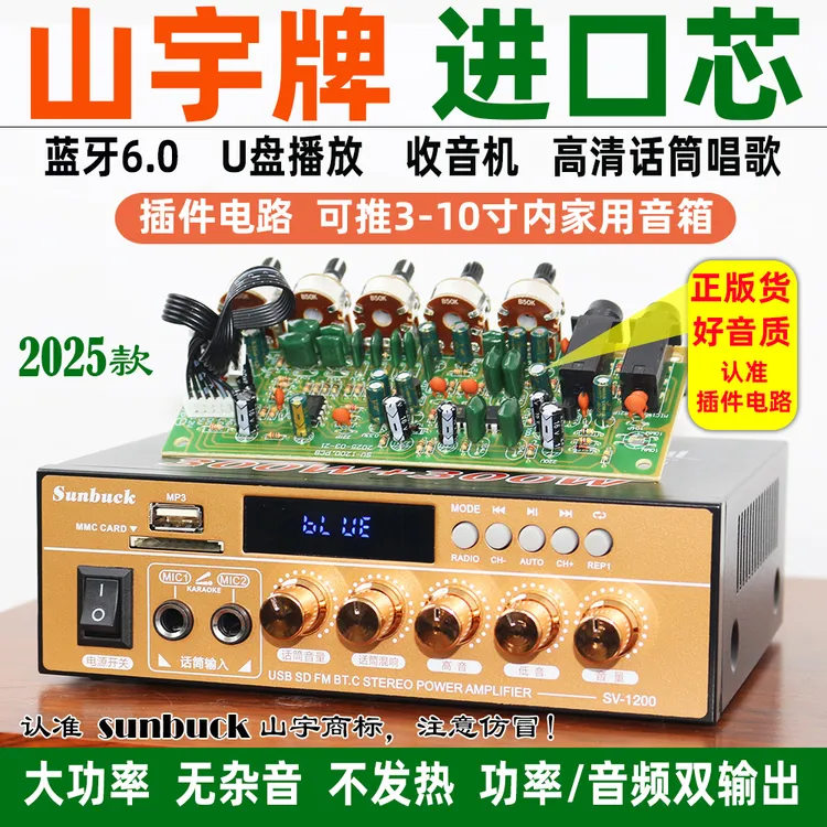 全新220V大功率功放机蓝牙6.0家用HIFI无损12V插卡U盘收音小功放