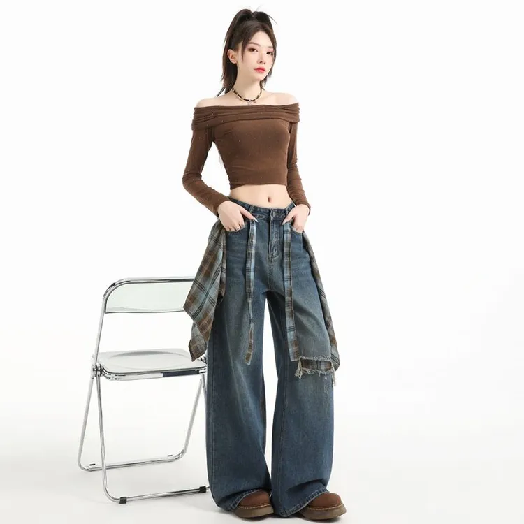 设计感屁帘阔腿牛仔裤女2025秋季新款高腰宽松显瘦破洞百搭拖地裤