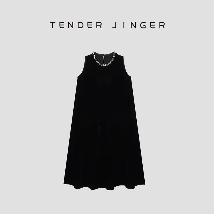 Tender Jinger【黑标】手工钉珠真丝丝绒连衣裙T53LAN30455