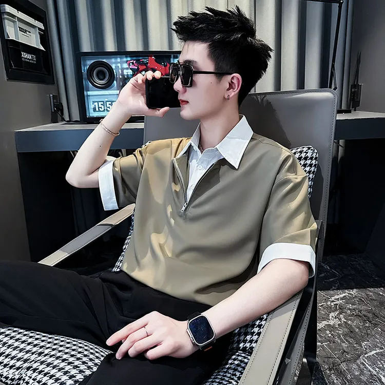 夏季男士潮流高级感短袖衬衫2025新款男装半袖上衣冰丝薄款衬衣男