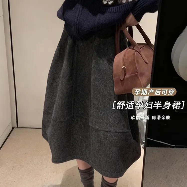 孕妇装百搭A字长裙女秋冬新款高级感韩系复古高腰毛呢八分半身裙