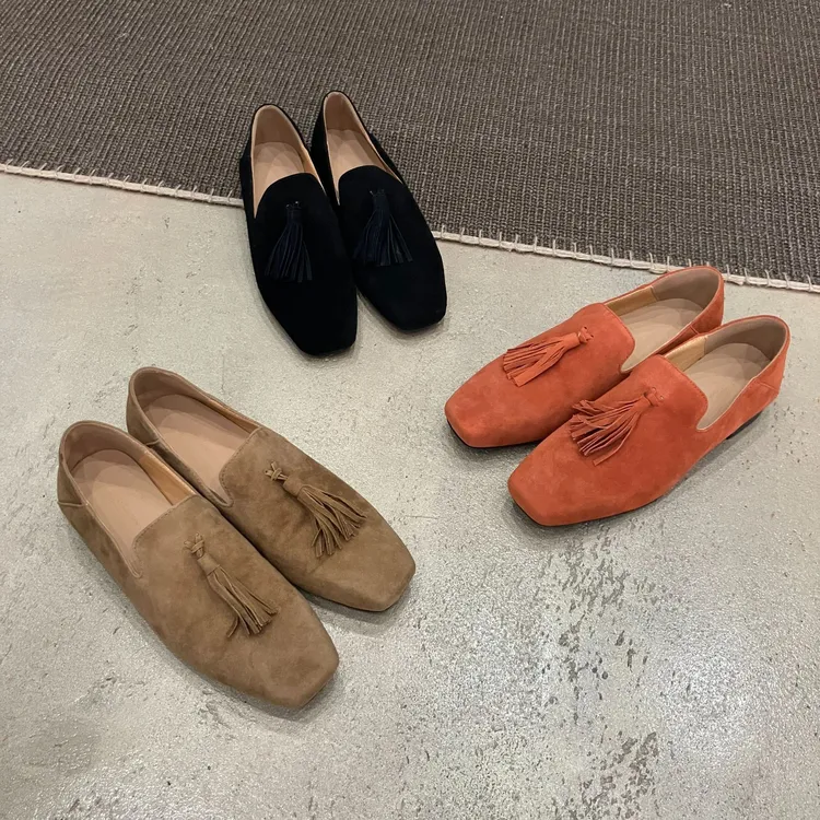 韩版时尚麦穗流苏磨砂羊皮舒适复古风方头深口平底单鞋百搭平底鞋