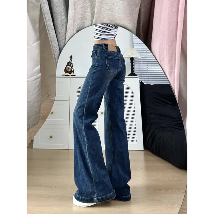 美式低腰辣妹微喇牛仔裤女加绒秋冬新款小个子复古不贴腿喇叭裤子