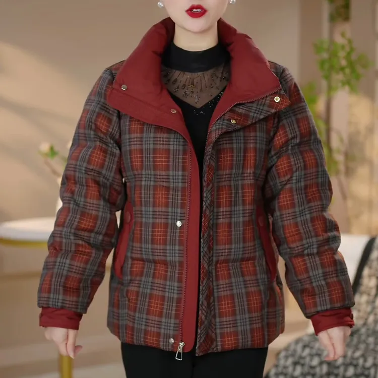 格子羽绒服女冬季2025年洋气时尚加厚保暖宽松休闲拼色妈妈装外套