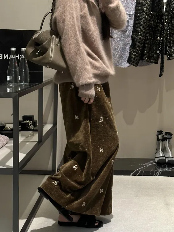 棕咖色刺绣细闪丝绒阔腿裤女秋冬新款美拉德胖mm宽松显瘦休闲裤子
