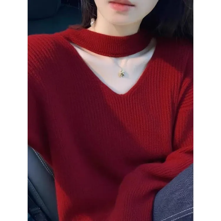 韩系独特漂亮红色挂脖针织衫女秋冬新款气质优雅百搭显瘦打底毛衣