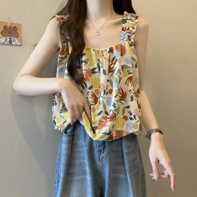 大码甜辣碎花吊带背心女夏季外穿宽松显瘦遮肚子无袖上衣时尚洋气