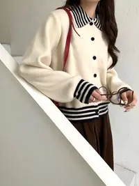 玲姐定制-翻领撞色条纹款单排扣宽松休闲针织开衫377133