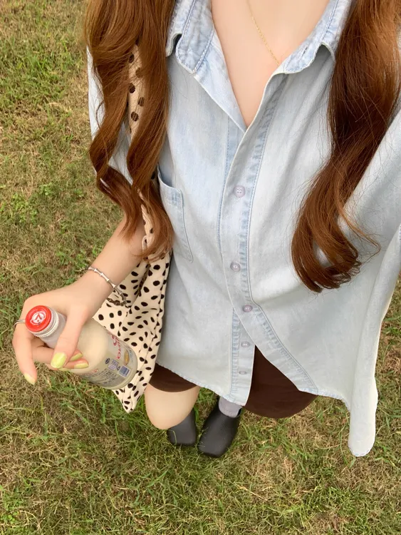 FCYSTUIDOHZJ水洗蓝短袖牛仔衬衫夏季复古休闲薄款外套短裤套装女