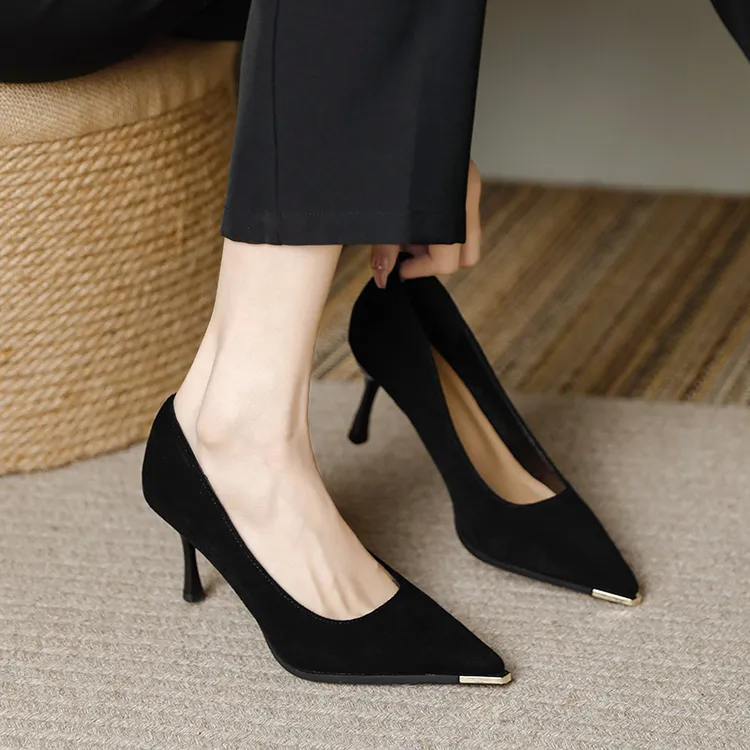 软皮黑色尖头细跟6cm浅口中跟7厘米高跟女春秋工作职业面试单鞋