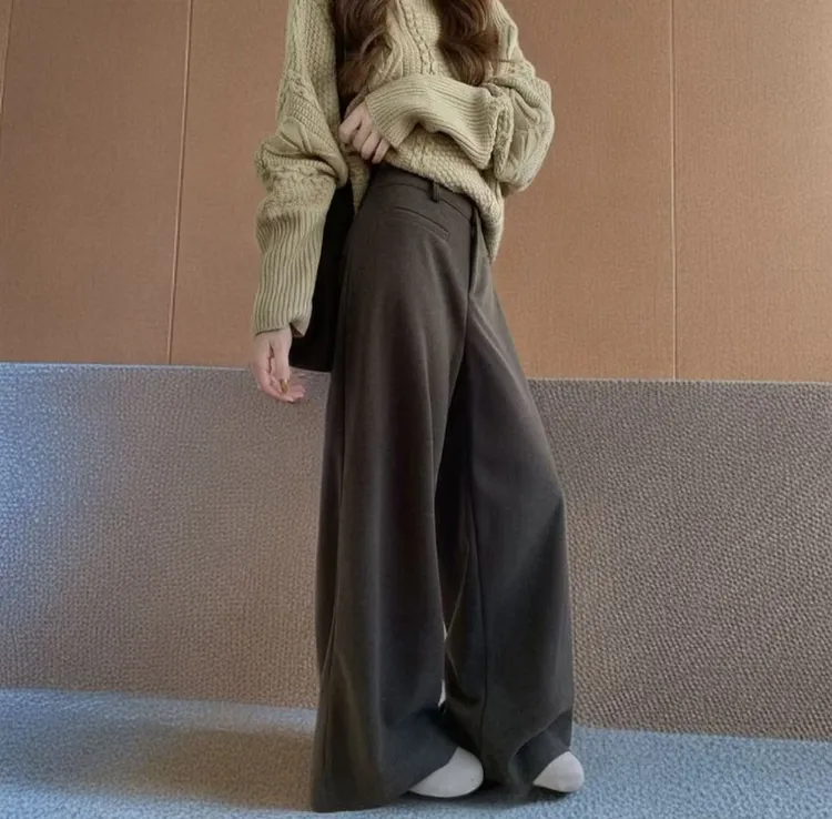 韩系显瘦简约百搭通勤磨毛毛呢西裤女秋冬季高腰休闲（赠腰带）2121
