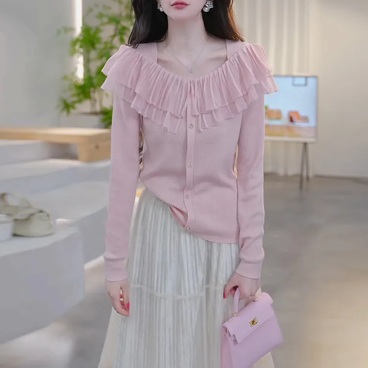 韩系减龄荷叶边长袖针织衫女2025春秋新款小众甜美减龄打底衫上衣