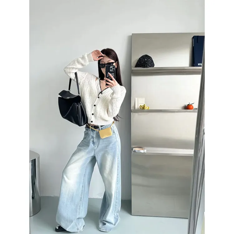 法式时尚设计感蕾丝拼接假两件针织开衫高腰百搭显瘦休闲牛仔裤女