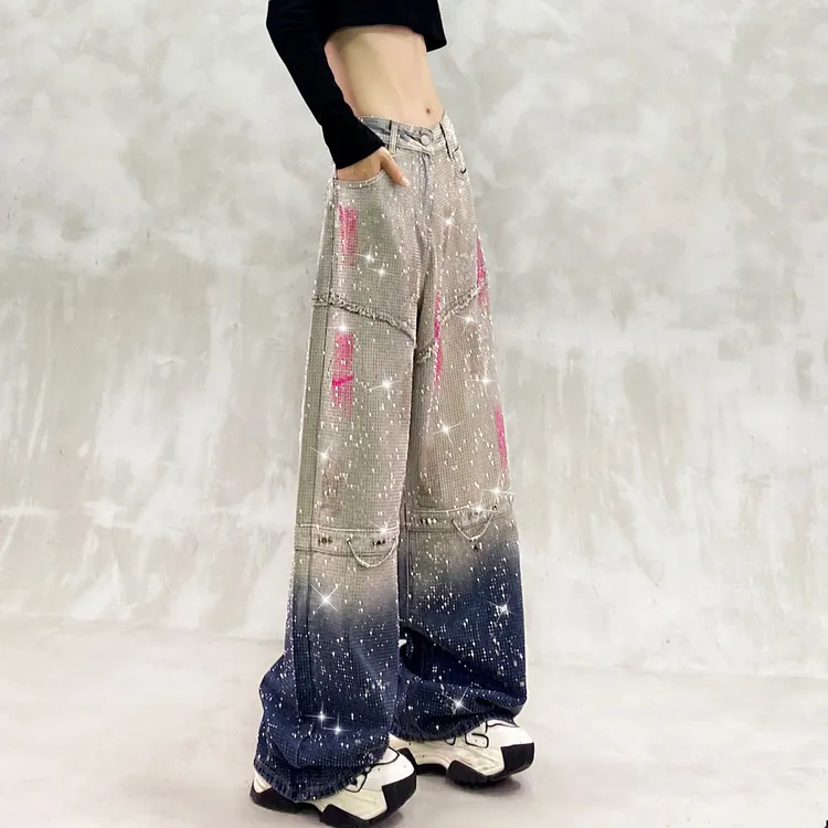 满天星烫钻彩绘渐变色牛仔裤女秋新款高腰宽松显瘦百搭直筒阔腿裤