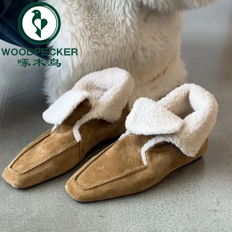 啄木鸟新款加绒保暖方头显瘦毛毛鞋女舒适软底一脚蹬外穿小皮鞋