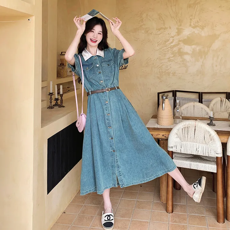 实拍韩版拼接衬衫领薄款牛仔连衣裙新款经典撞色翻领腰带牛仔