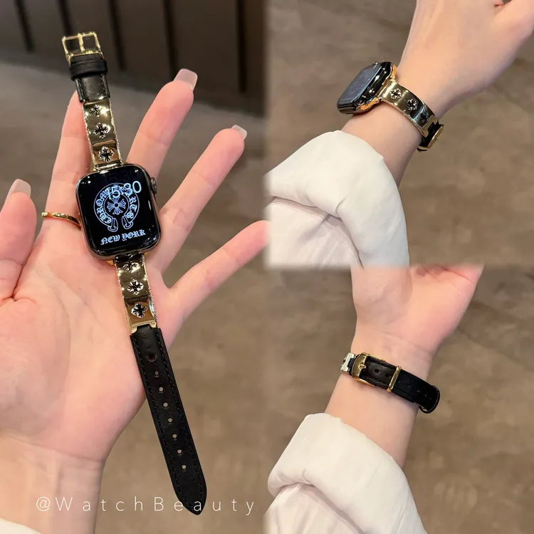 高级感金属十字拼皮质苹果手表表带适用于Apple Watch11iwatchS10