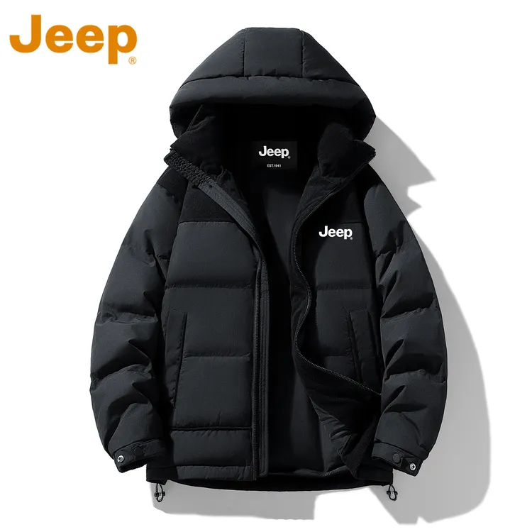 JEEP吉普灯芯绒拼接羽绒服男款冬季加厚保暖面包服黑色连帽外套潮