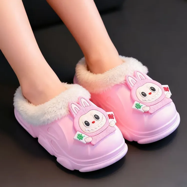 拉布布儿童棉拖鞋冬季居家防滑防水软底男童保暖女童外穿毛毛鞋