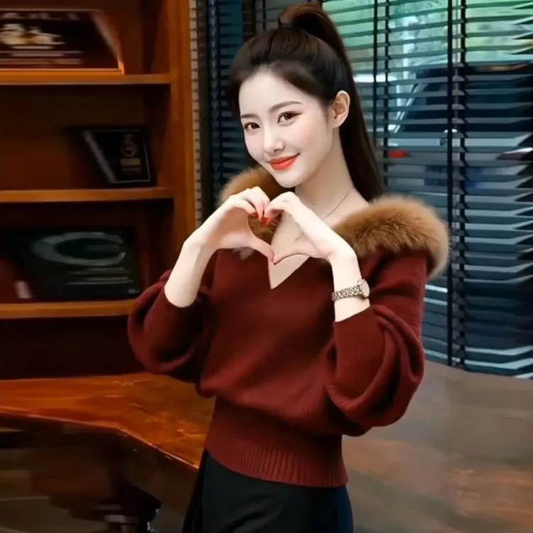 2025秋冬新款气质毛领设计轻熟风针织衫女士百搭V领洋气长袖毛衣